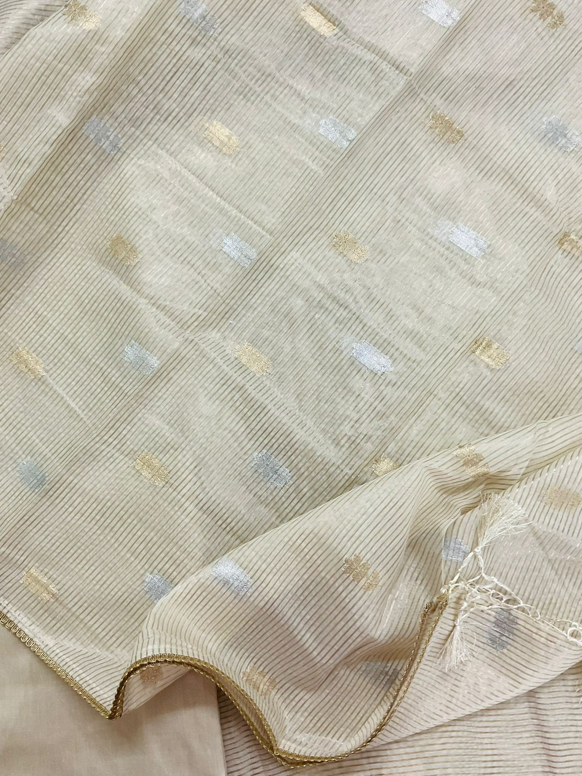 Pure Tissue Shimmer Silk Self Weaved Embroidered Suit - Cream