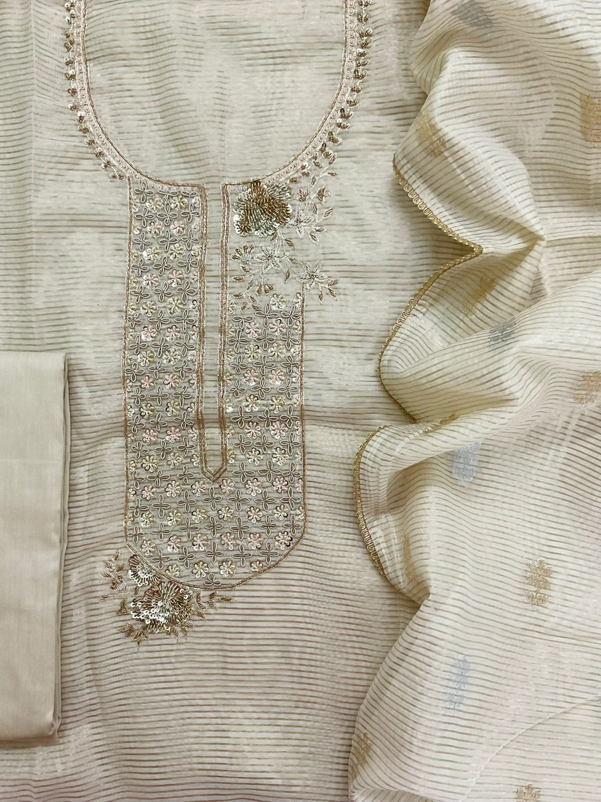 Pure Tissue Shimmer Silk Self Weaved Embroidered Suit - Cream