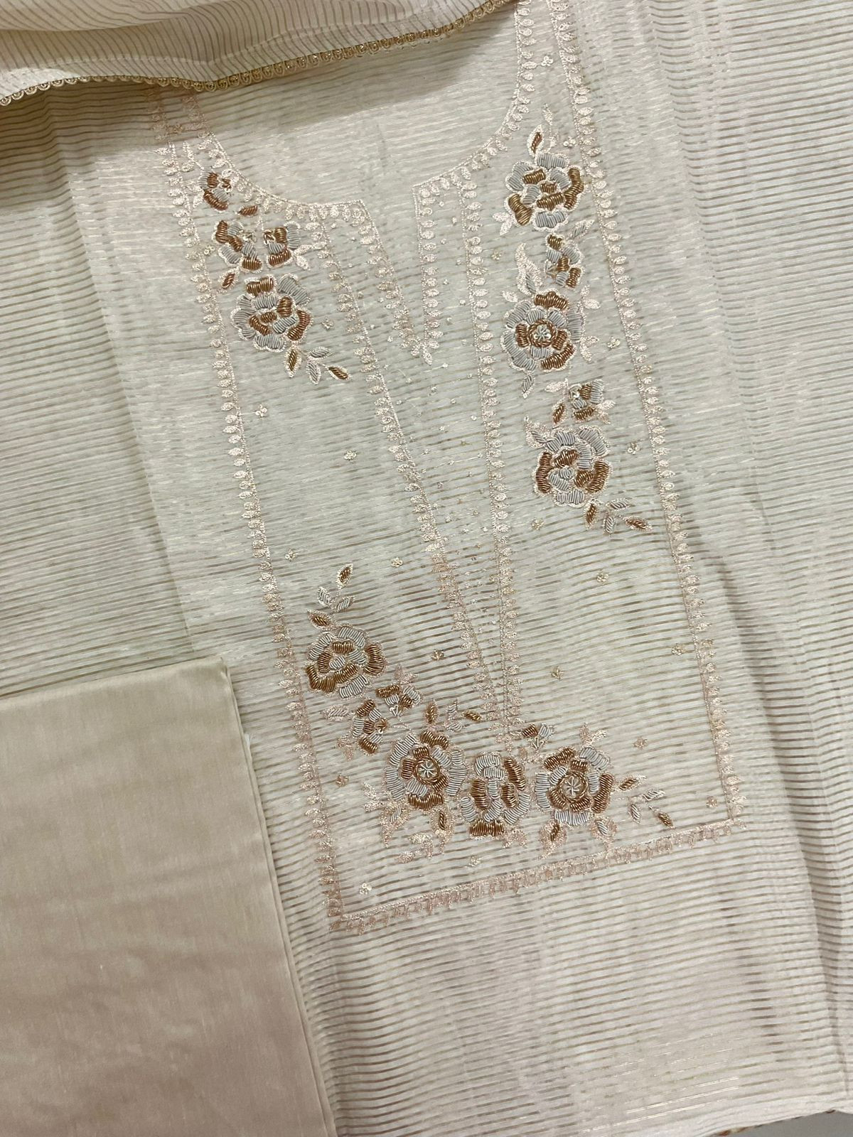 Pure Tissue Shimmer Silk Self Weaved Embroidered Suit - Cream