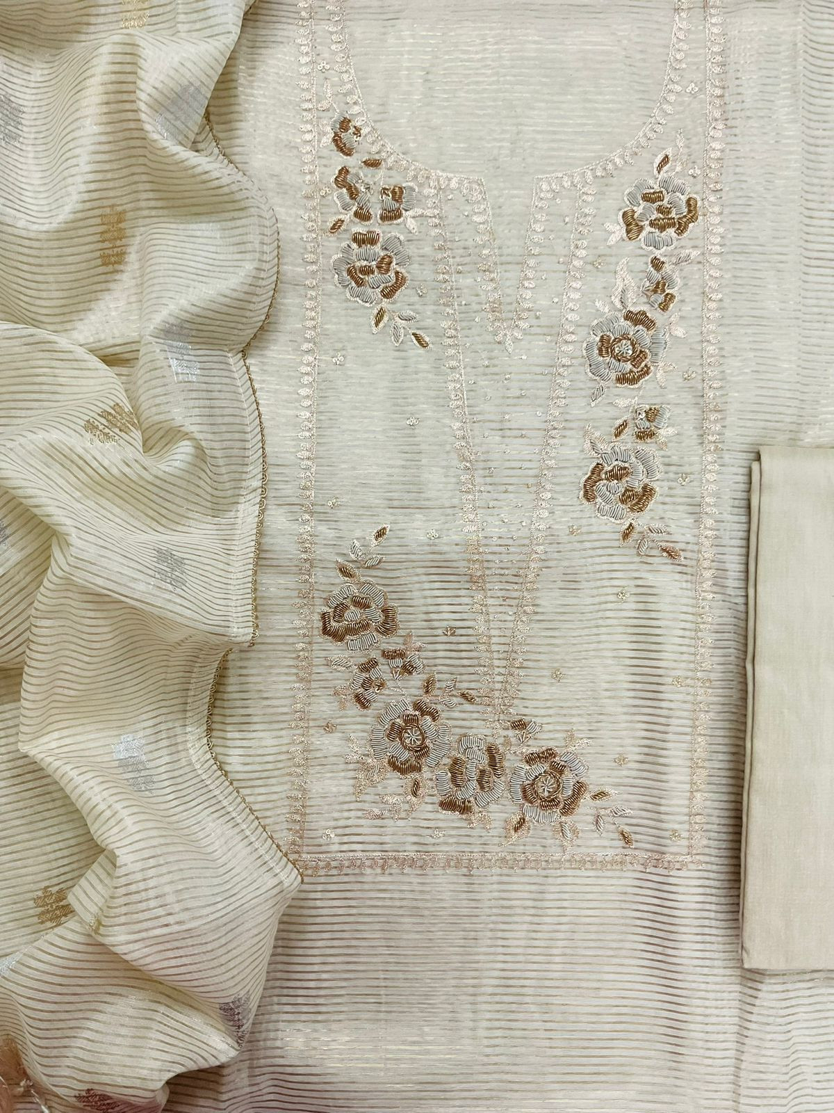 Pure Tissue Shimmer Silk Self Weaved Embroidered Suit - Cream