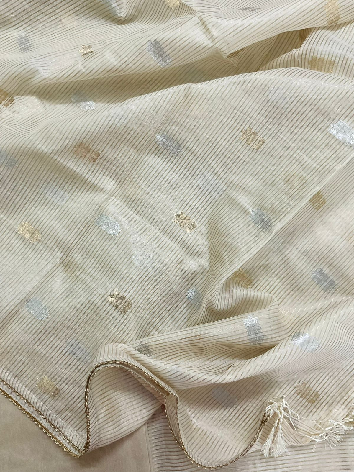 Pure Tissue Shimmer Silk Self Weaved Embroidered Suit - Cream