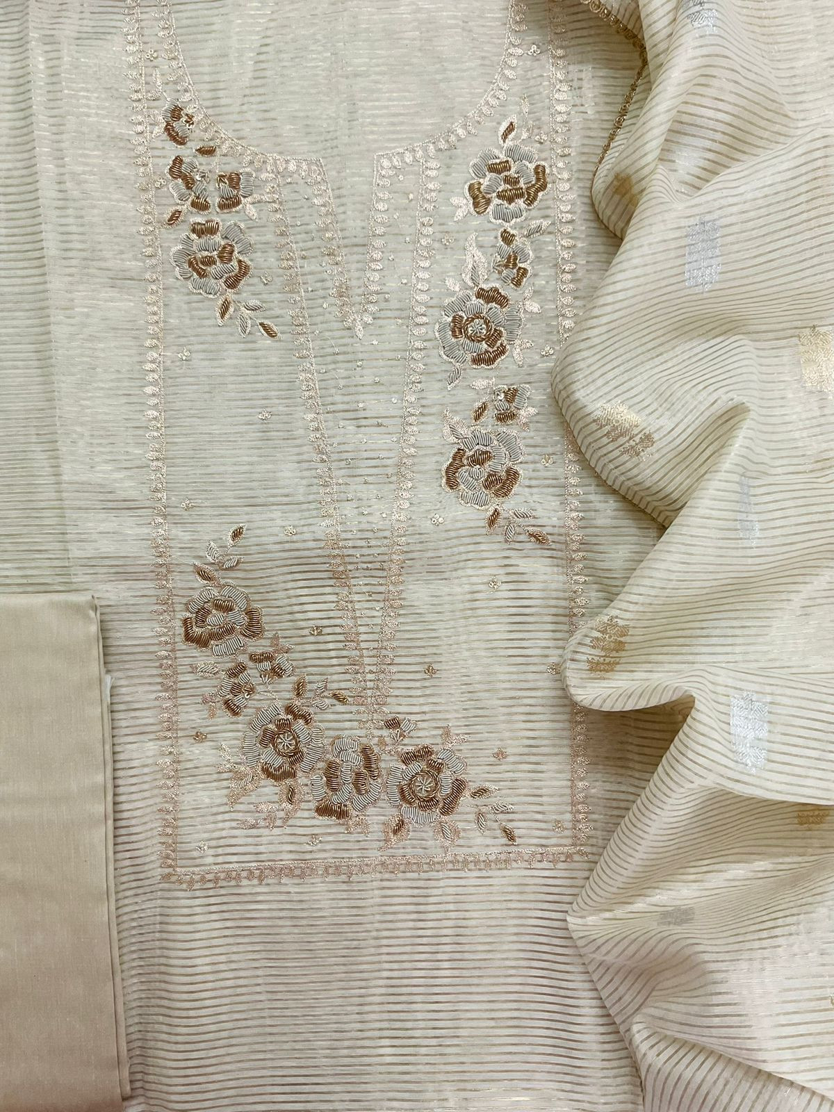 Pure Tissue Shimmer Silk Self Weaved Embroidered Suit - Cream