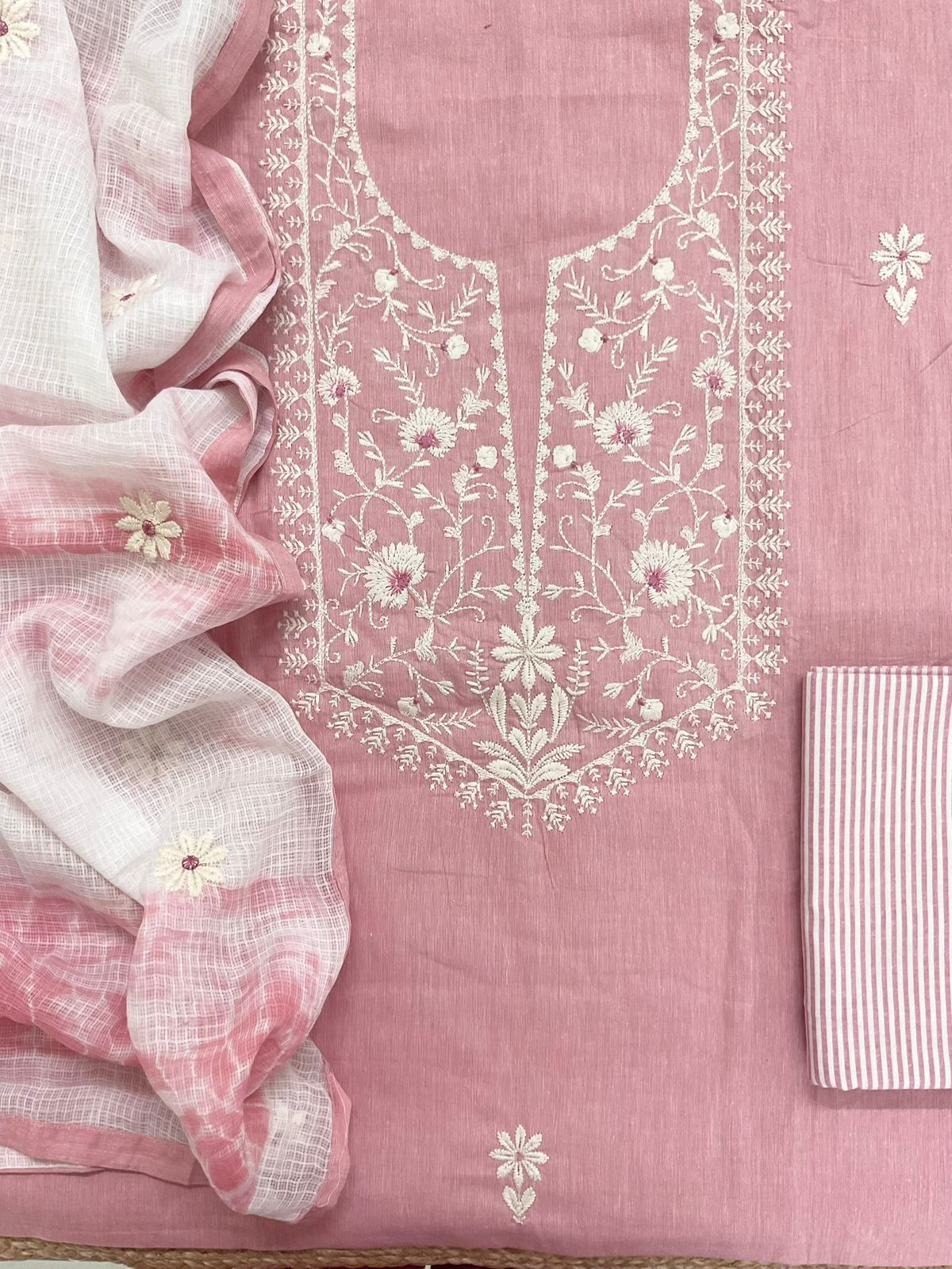 Pure Handloom Cotton Printed Embroidered Suit - Pink