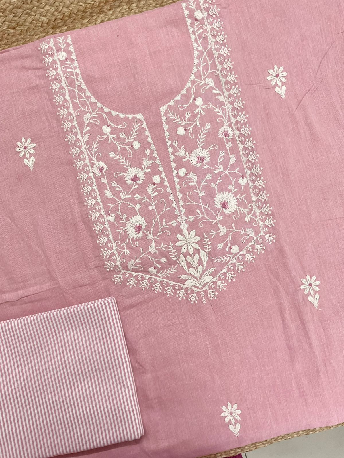 Pure Handloom Cotton Printed Embroidered Suit - Pink