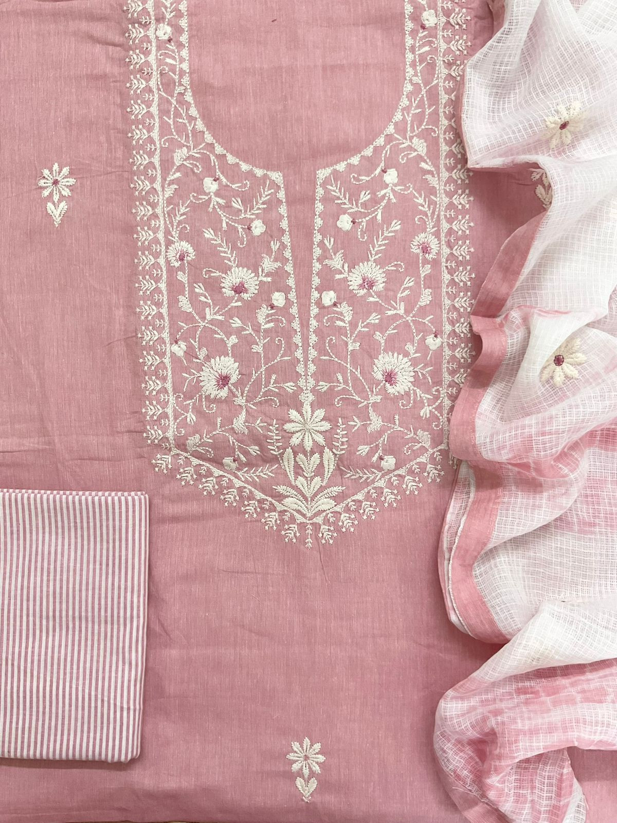 Pure Handloom Cotton Printed Embroidered Suit - Pink