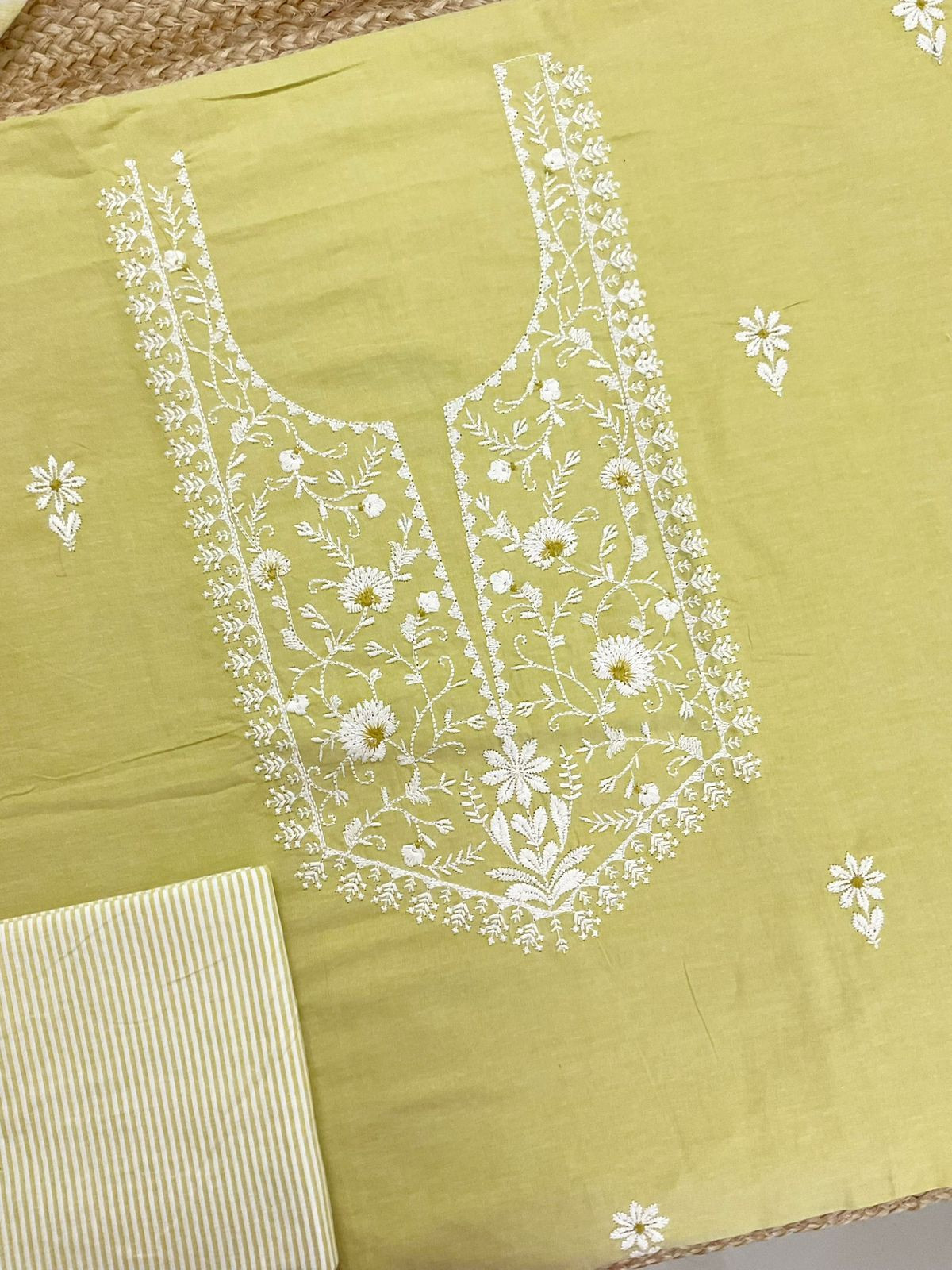 Pure Handloom Cotton Printed Embroidered Suit - Yellow