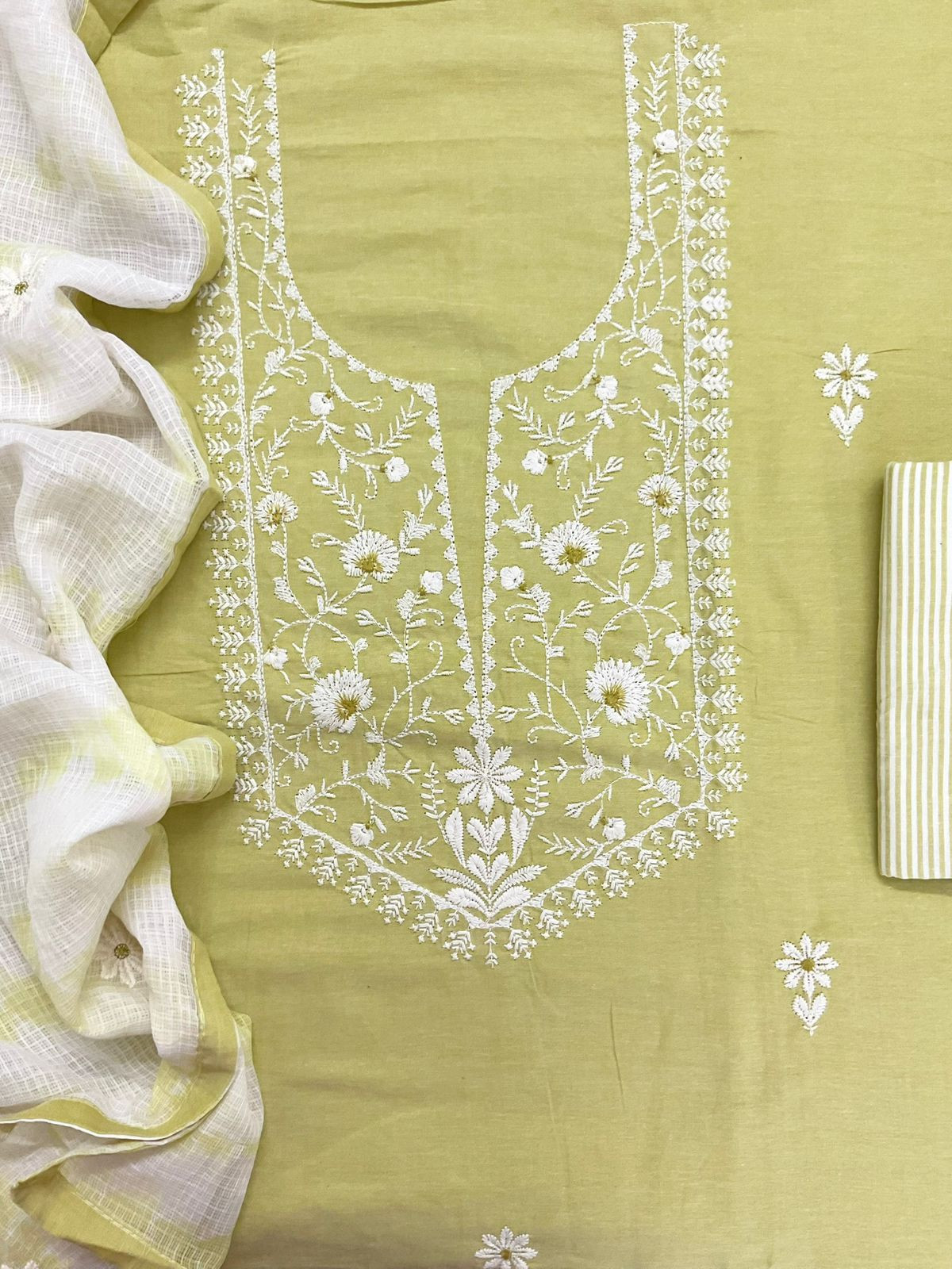 Pure Handloom Cotton Printed Embroidered Suit - Yellow