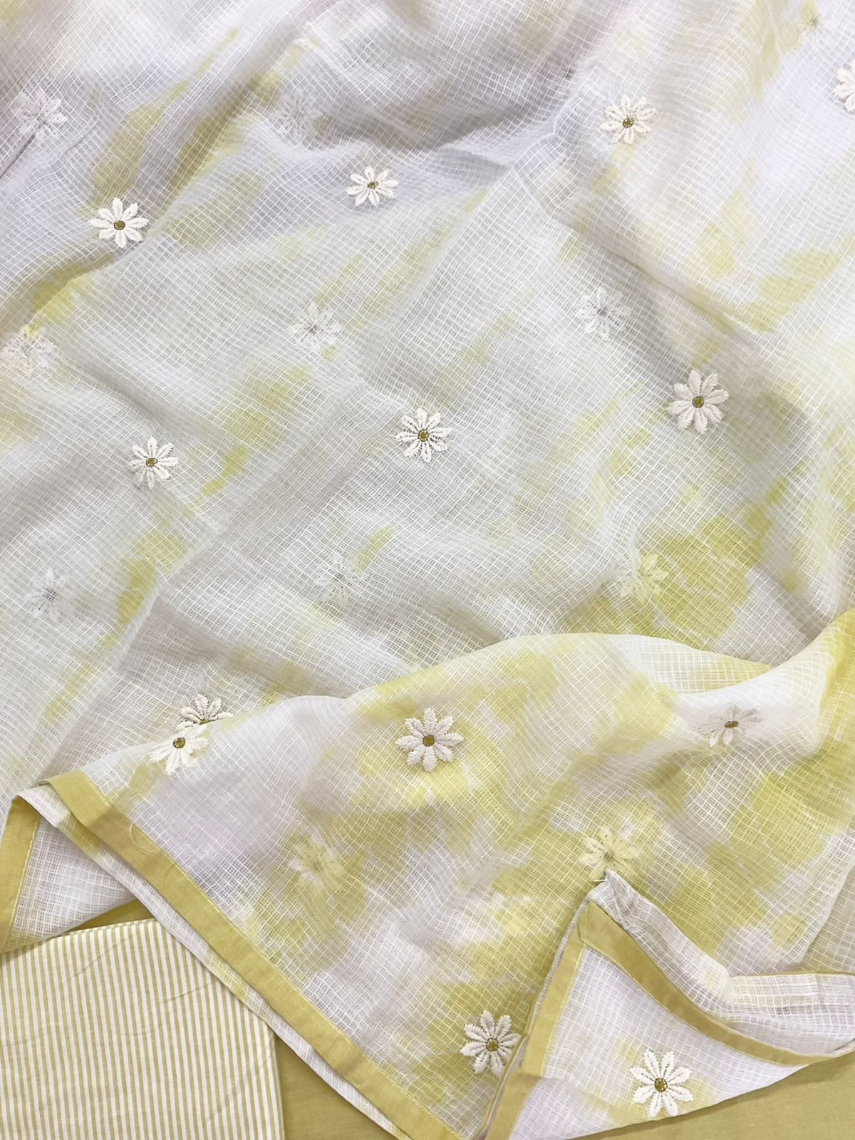 Pure Handloom Cotton Printed Embroidered Suit - Yellow