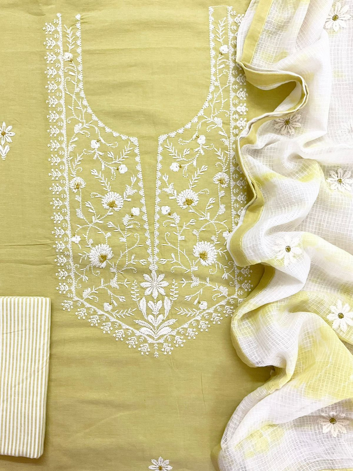Pure Handloom Cotton Printed Embroidered Suit - Yellow