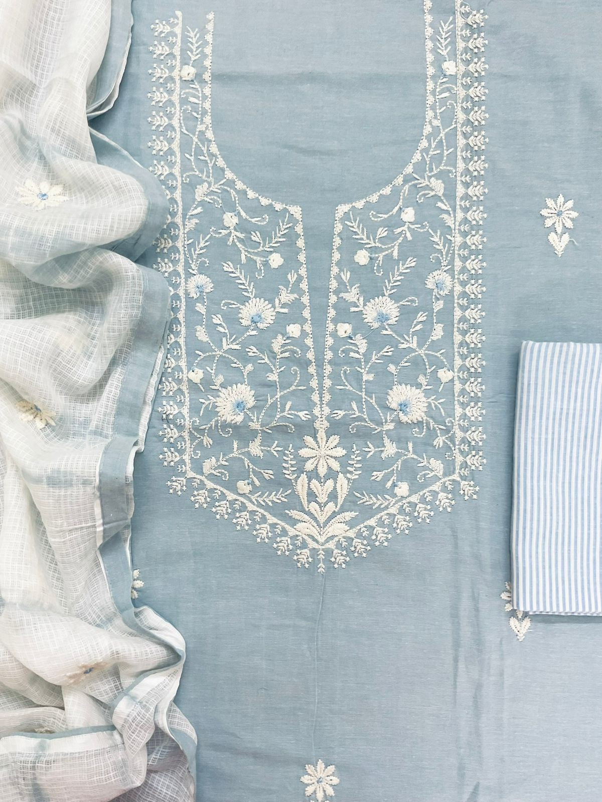 Pure Handloom Cotton Printed Embroidered Suit - Blue