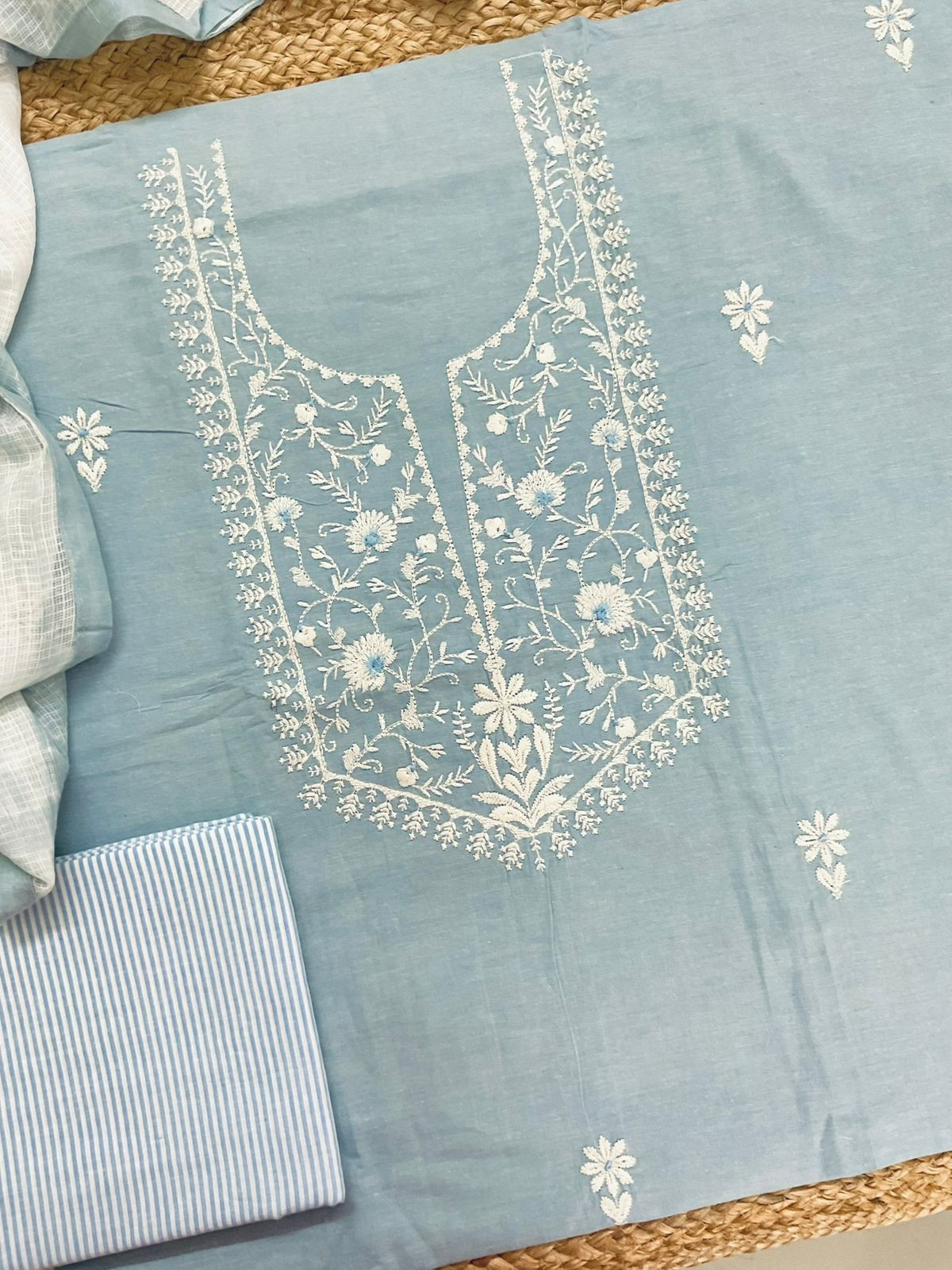 Pure Handloom Cotton Printed Embroidered Suit - Blue