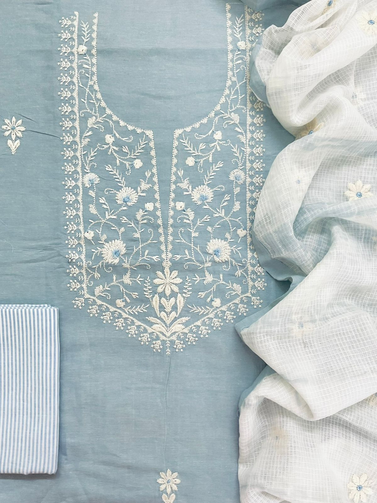 Pure Handloom Cotton Printed Embroidered Suit - Blue