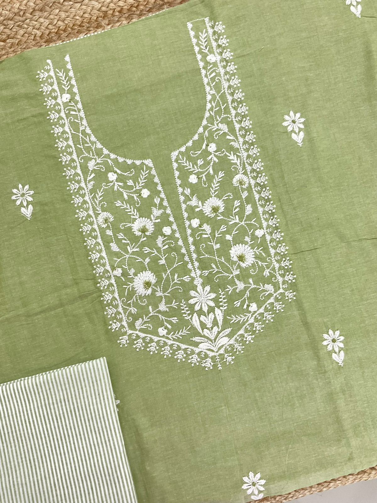 Pure Handloom Cotton Printed Embroidered Suit - Green