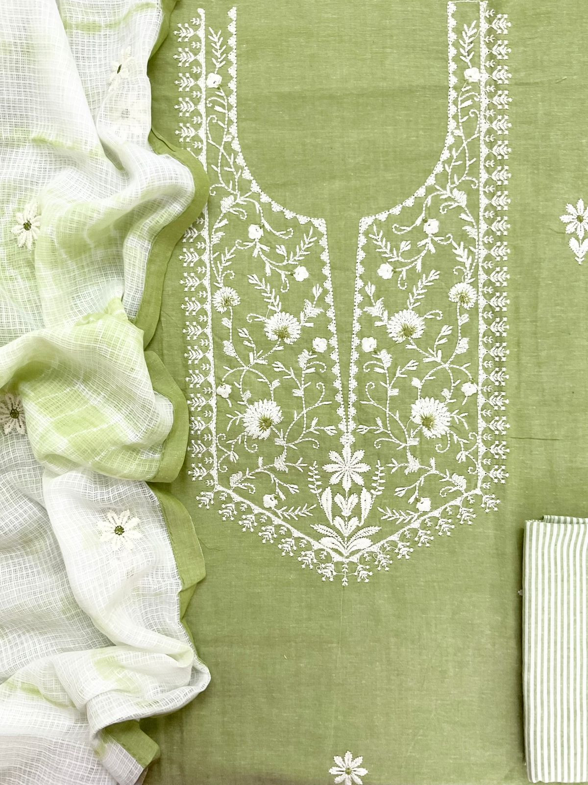 Pure Handloom Cotton Printed Embroidered Suit - Green