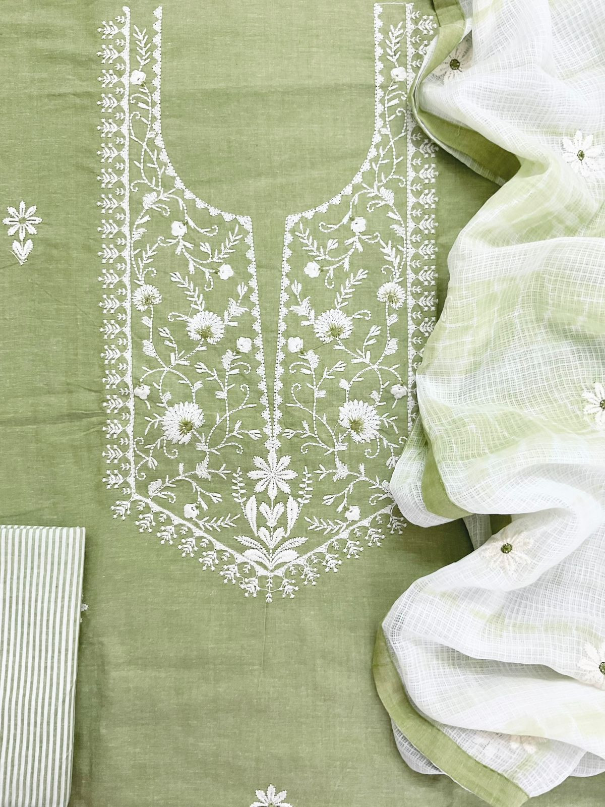 Pure Handloom Cotton Printed Embroidered Suit - Green