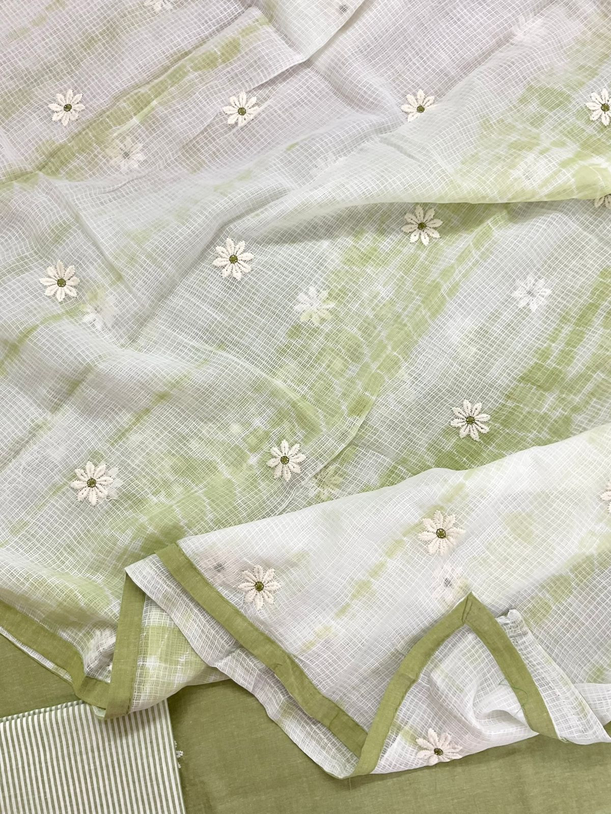 Pure Handloom Cotton Printed Embroidered Suit - Green