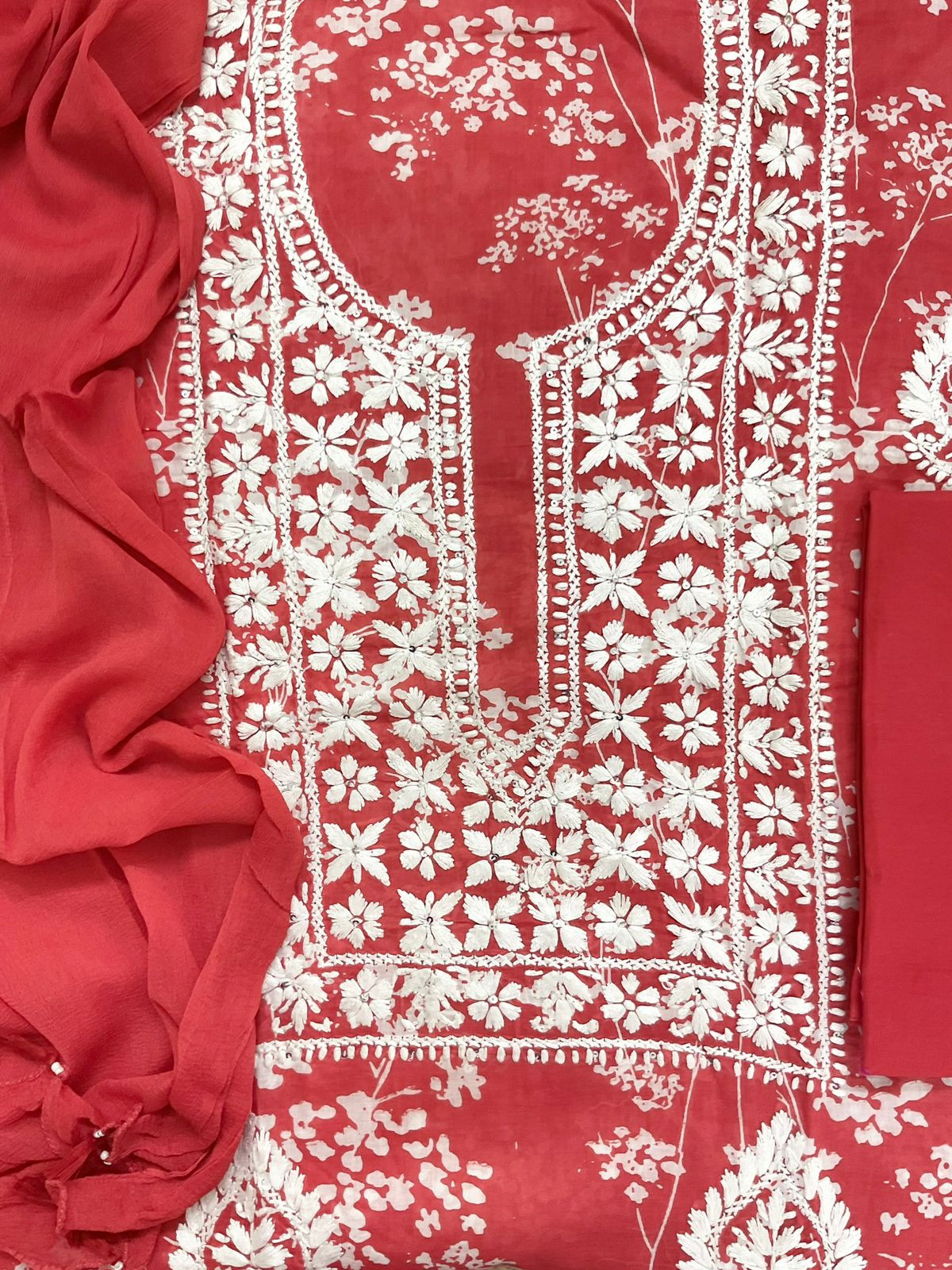 Pure Mul Cotton Printed Embroidered Suit - Red