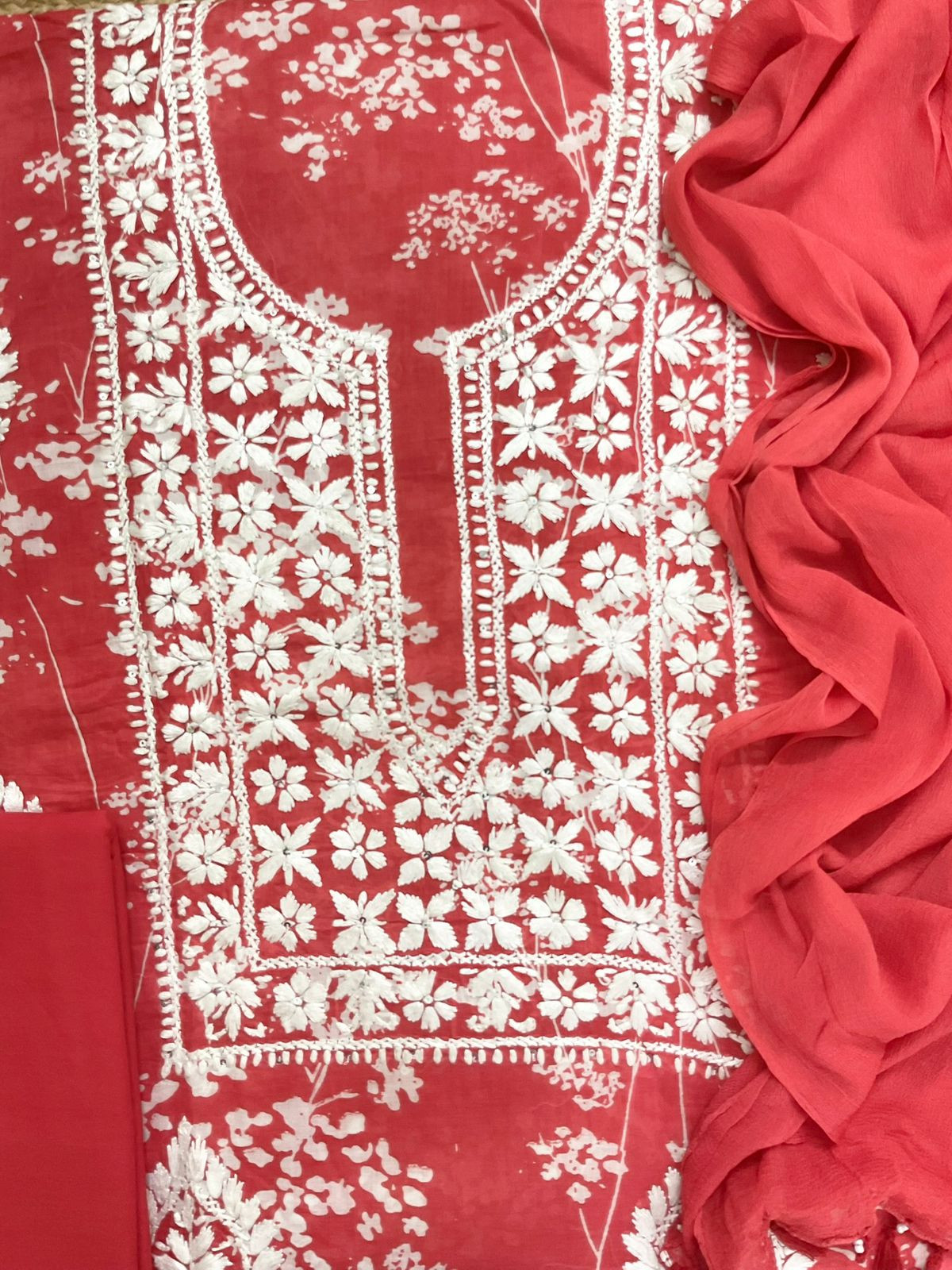 Pure Mul Cotton Printed Embroidered Suit - Red