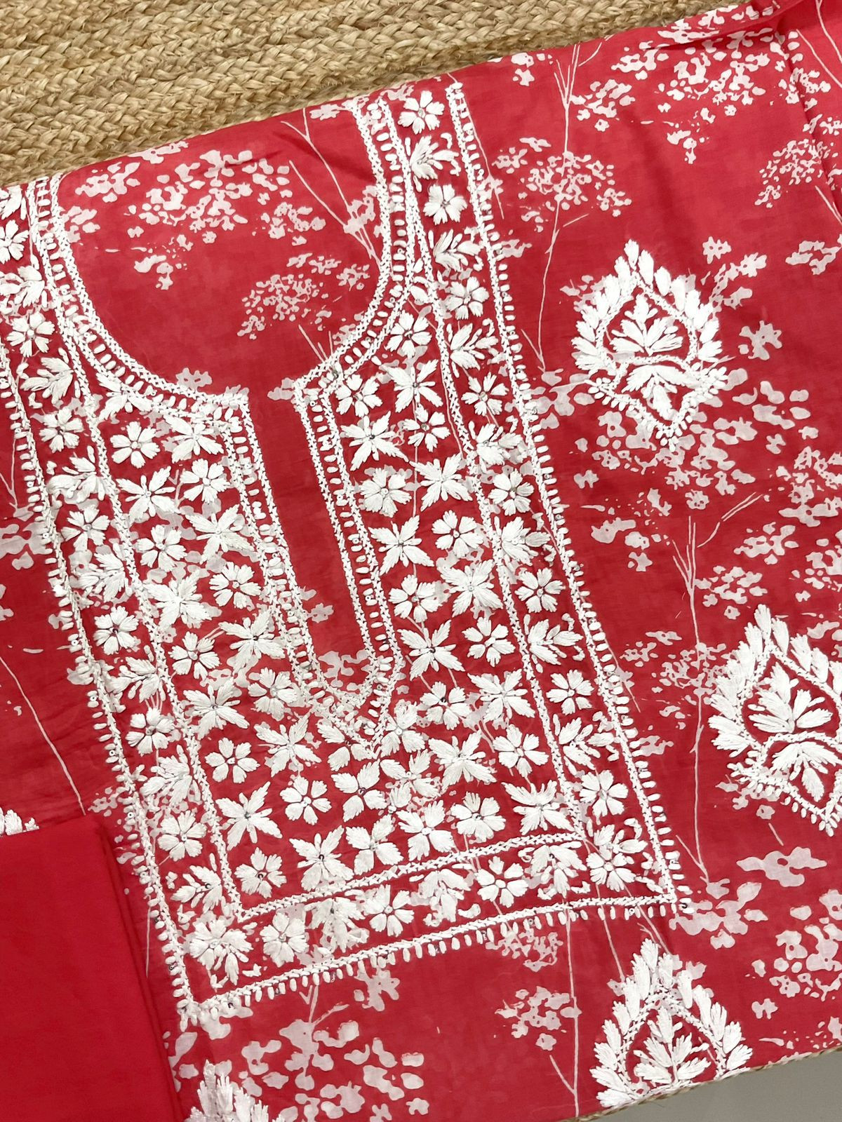 Pure Mul Cotton Printed Embroidered Suit - Red