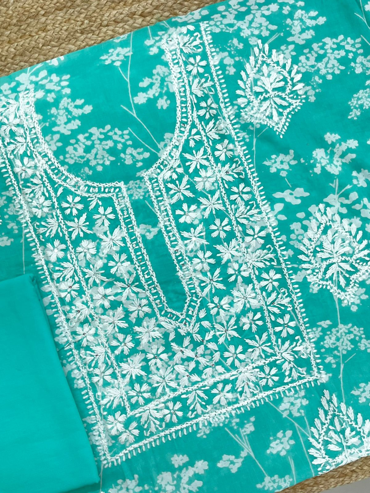 Pure Mul Cotton Printed Embroidered Suit - Green