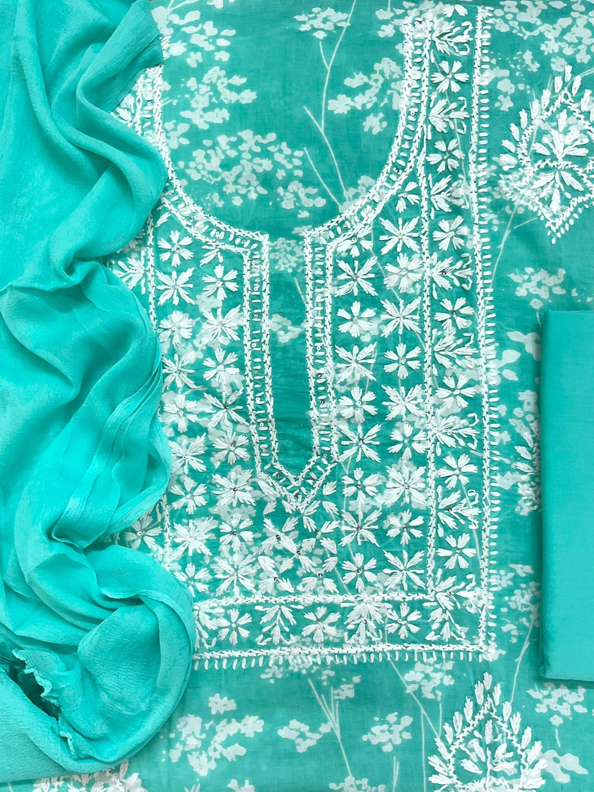 Pure Mul Cotton Printed Embroidered Suit - Green