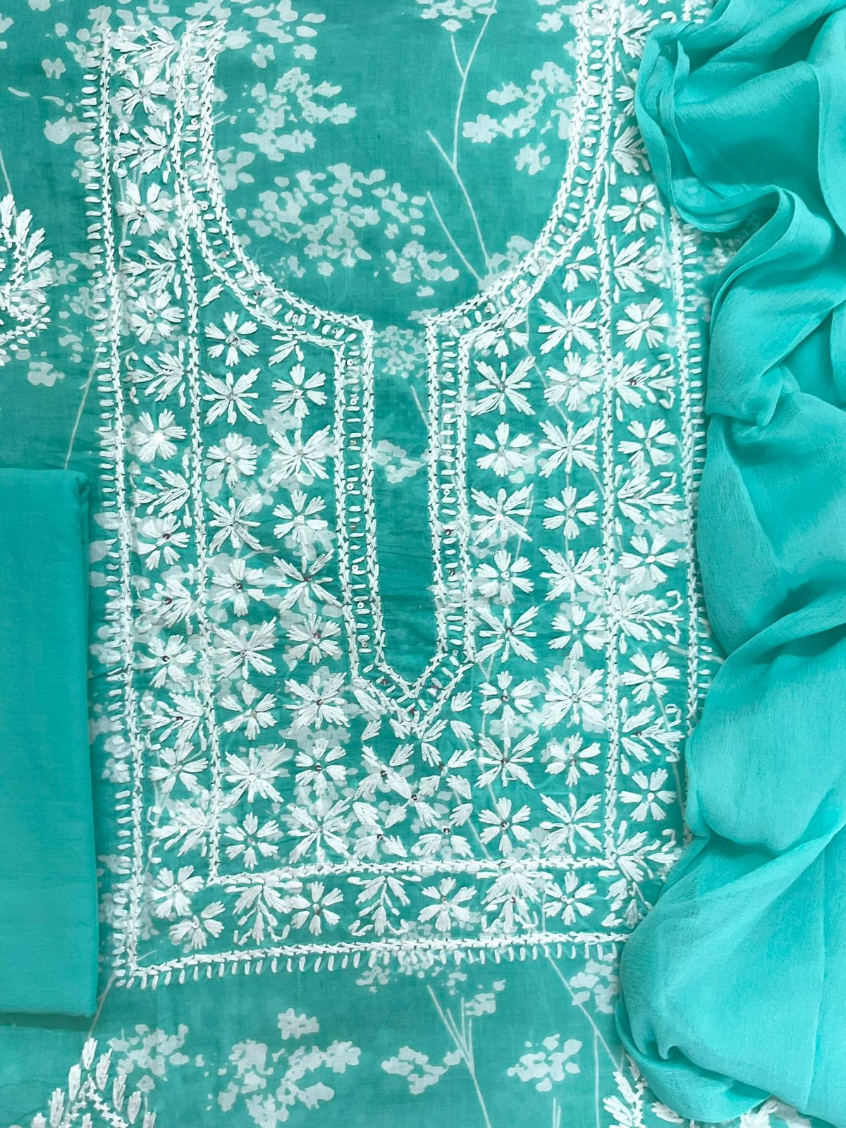 Pure Mul Cotton Printed Embroidered Suit - Green