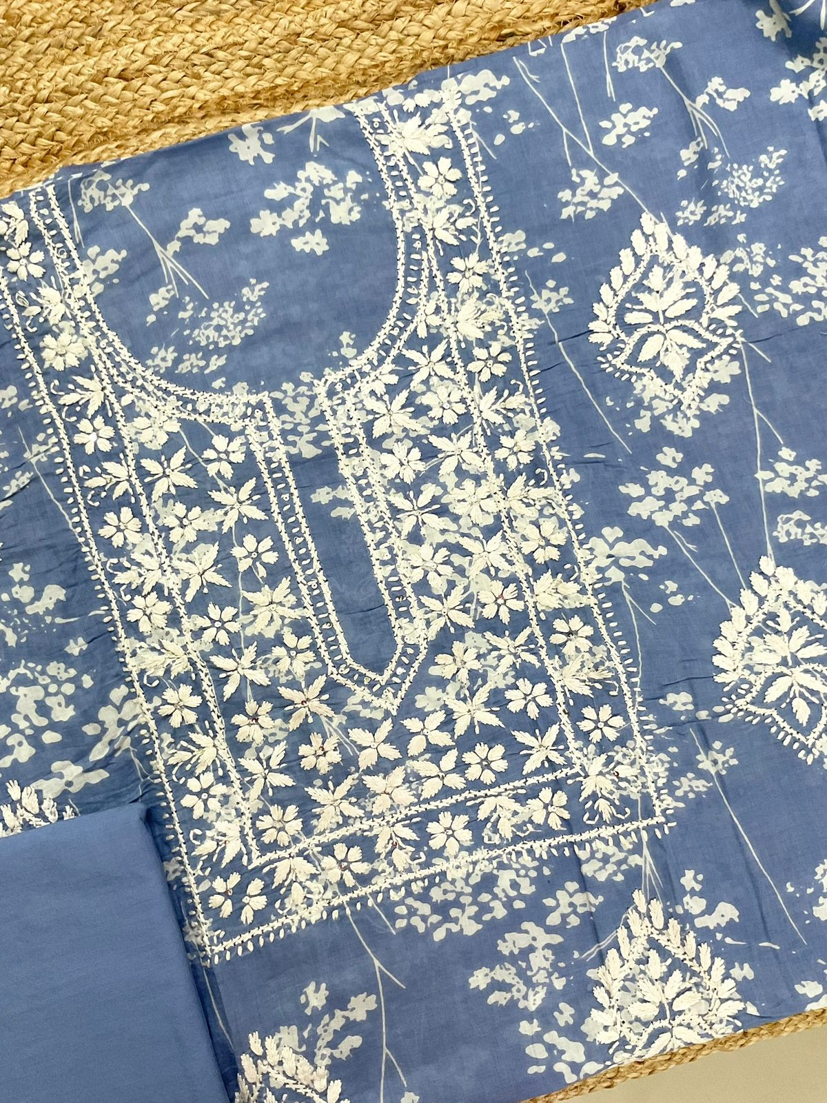 Pure Mul Cotton Printed Embroidered Suit - Blue