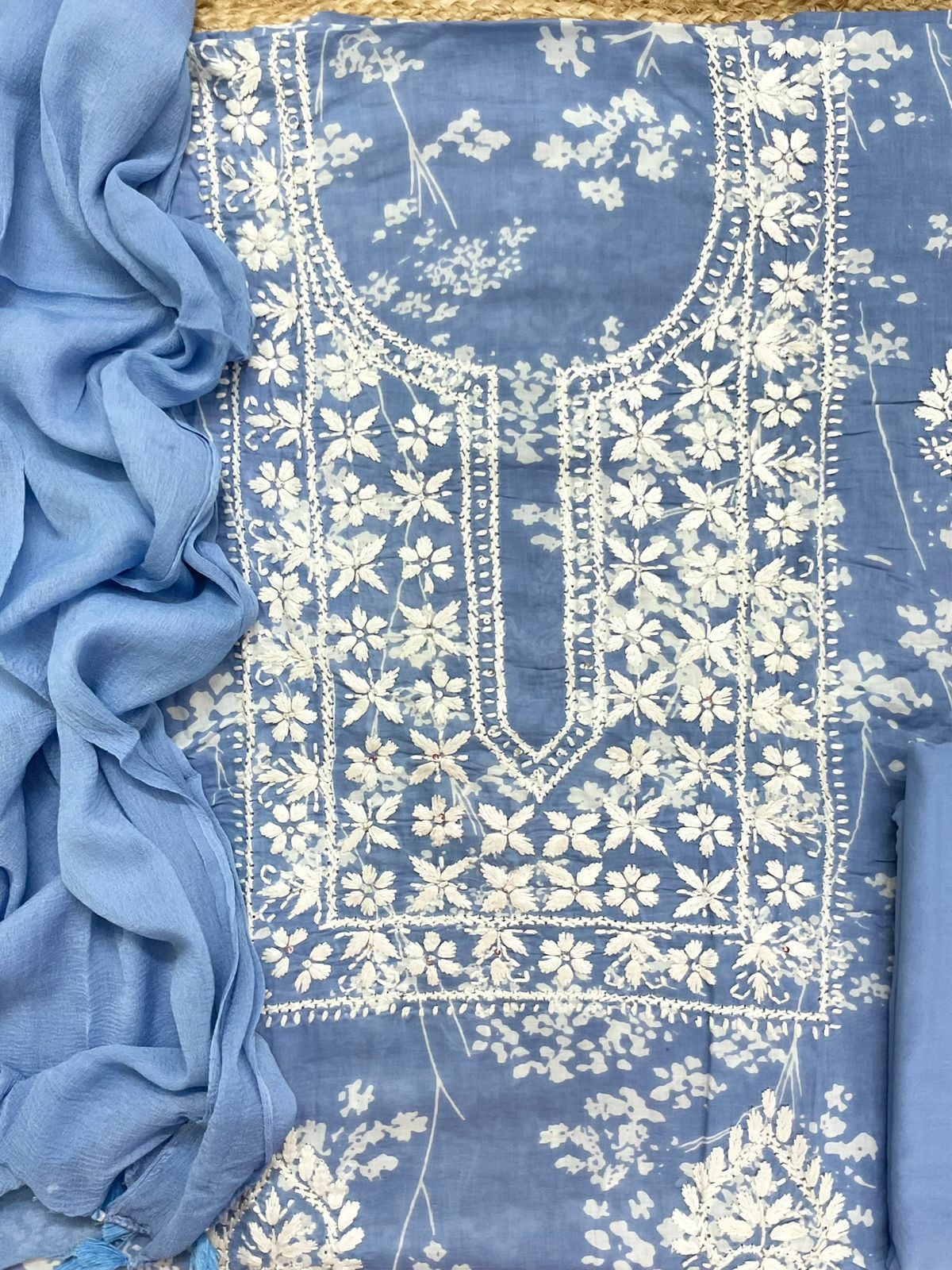 Pure Mul Cotton Printed Embroidered Suit - Blue