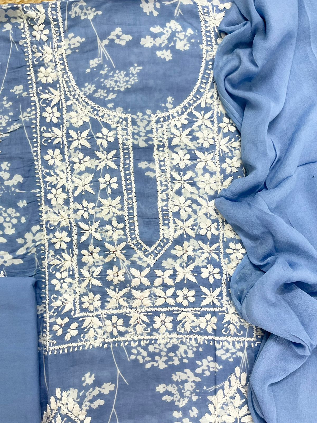 Pure Mul Cotton Printed Embroidered Suit - Blue