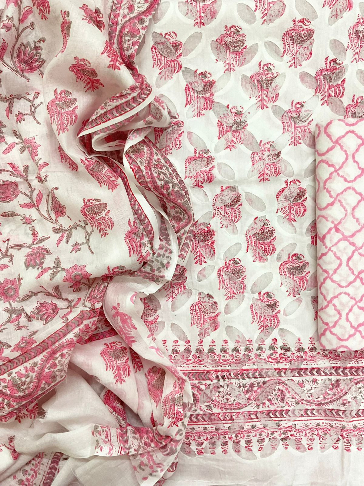 Pure Cotton Printed Applique Work Suit - White