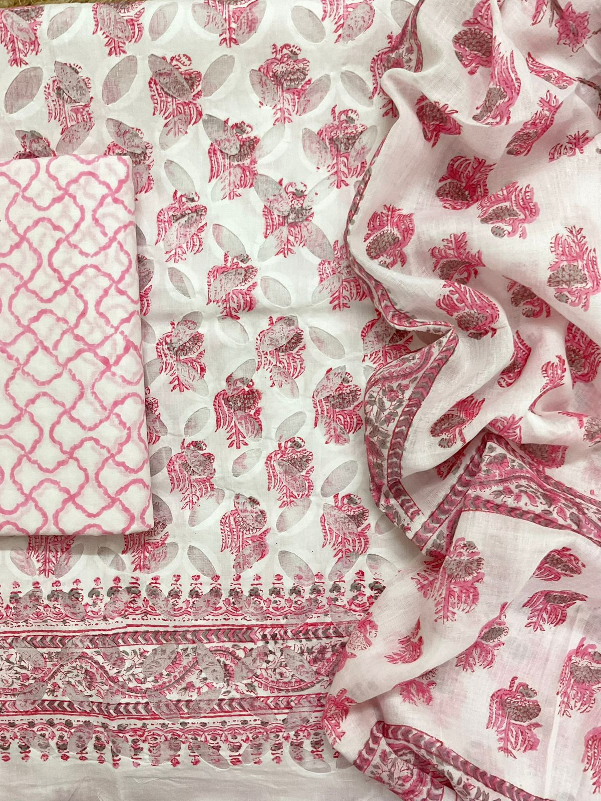 Pure Cotton Printed Applique Work Suit - White