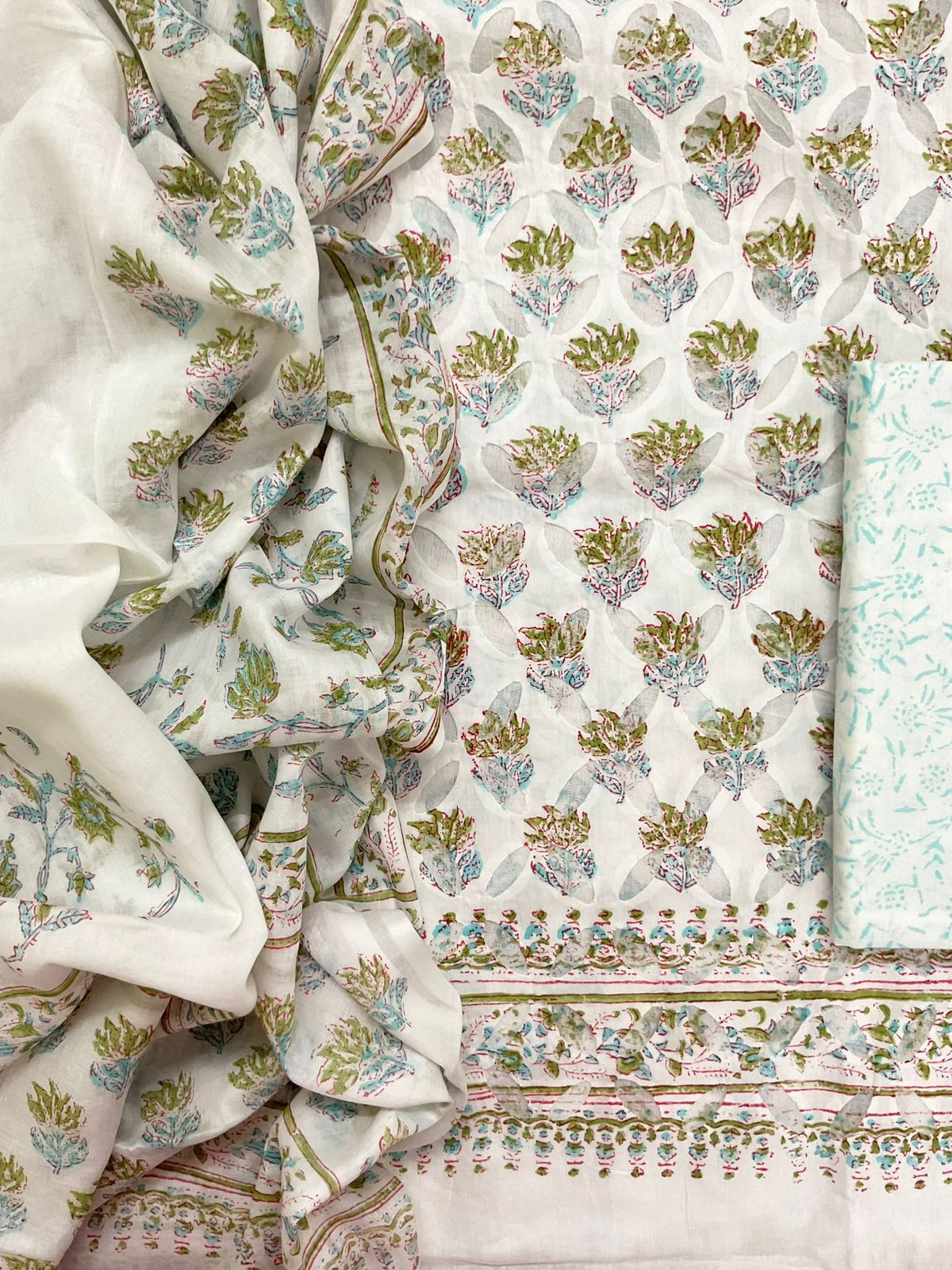 Pure Cotton Printed Applique Work Suit - White