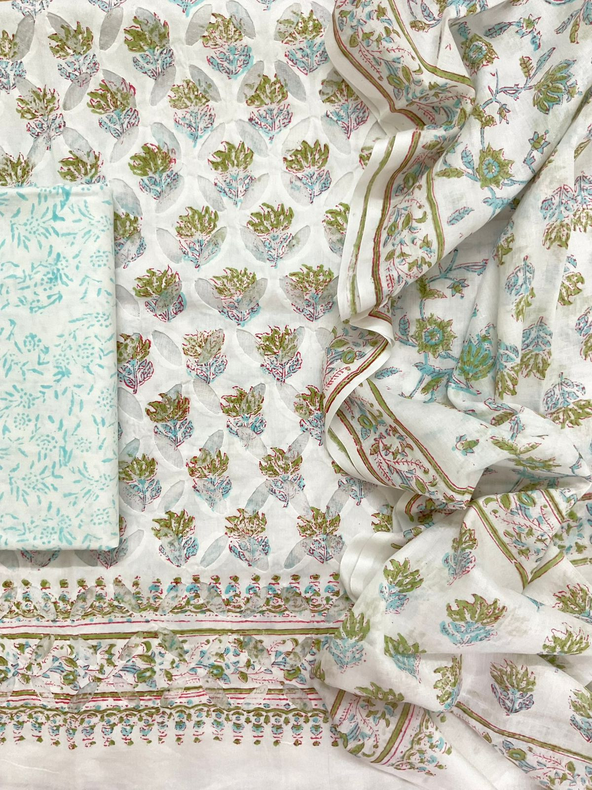 Pure Cotton Printed Applique Work Suit - White