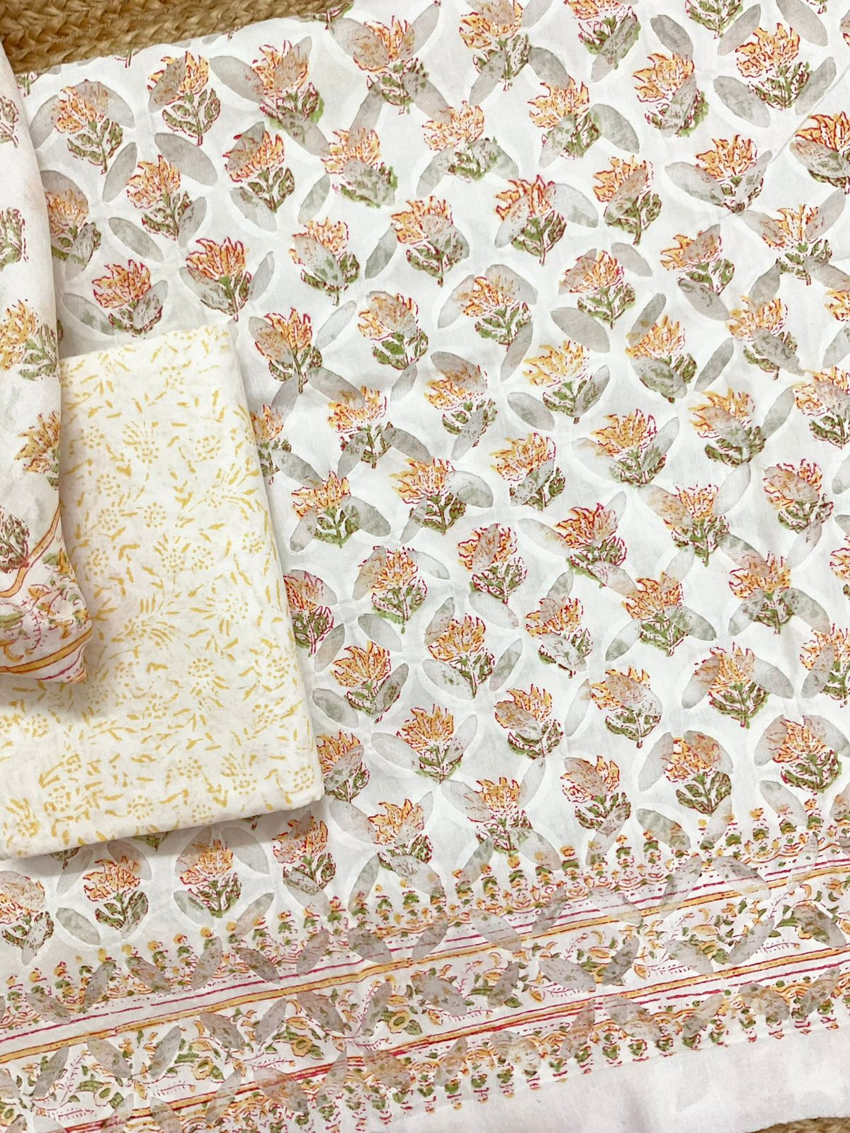 Pure Cotton Printed Applique Work Suit - White