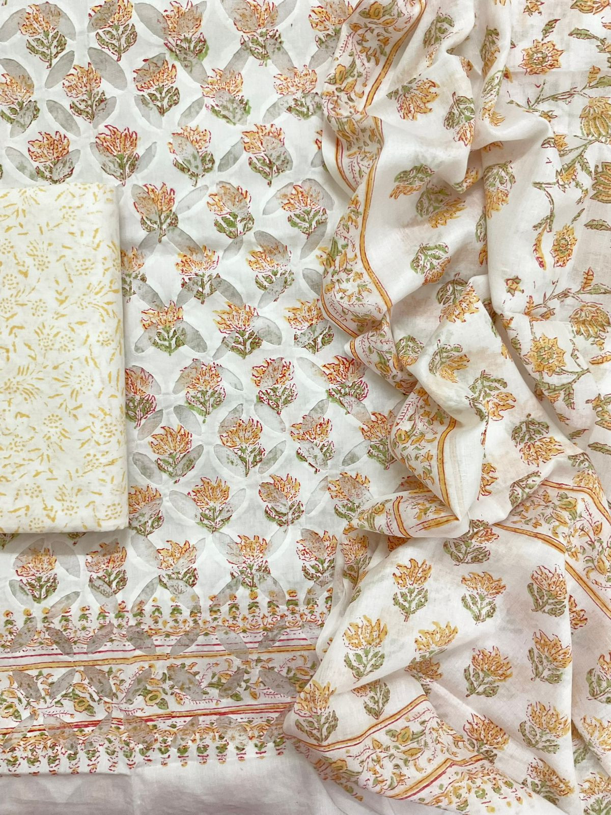 Pure Cotton Printed Applique Work Suit - White