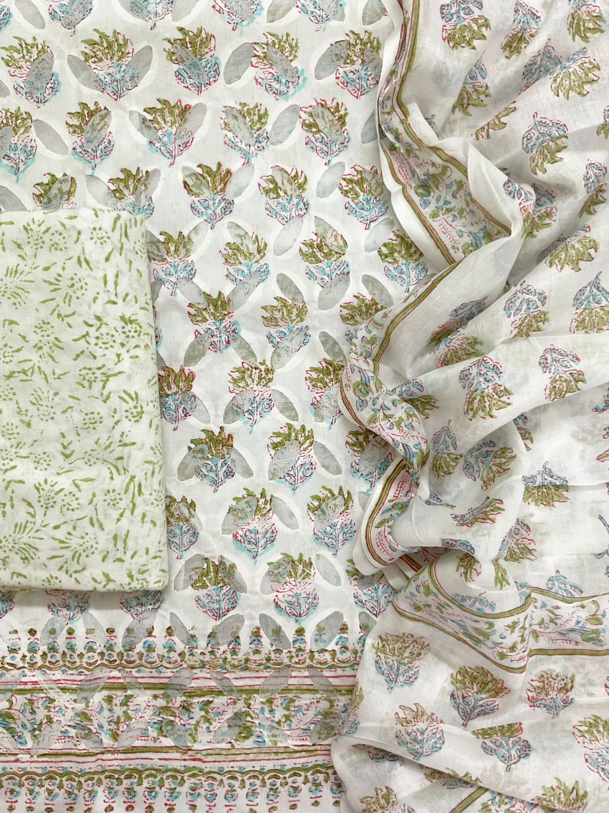 Pure Cotton Printed Applique Work Suit - White