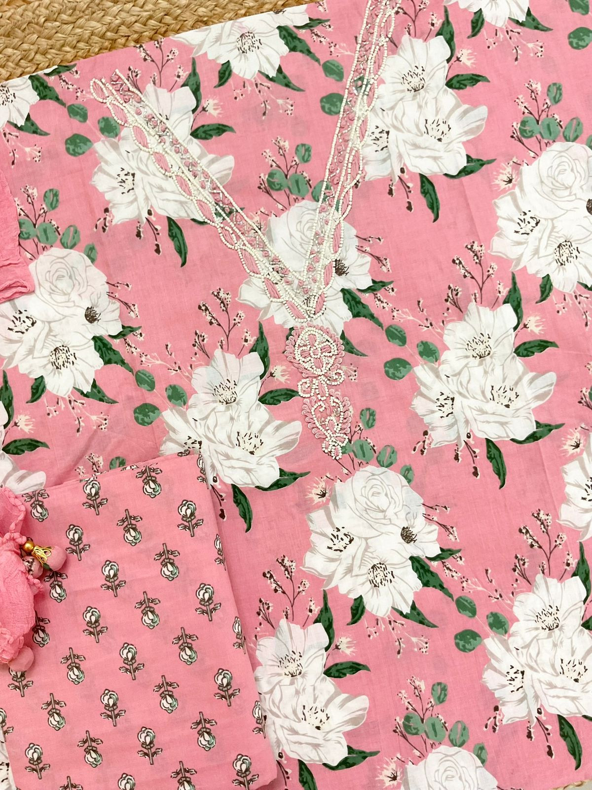 Pure Mul Cotton Printed Embroidered Suit - Pink