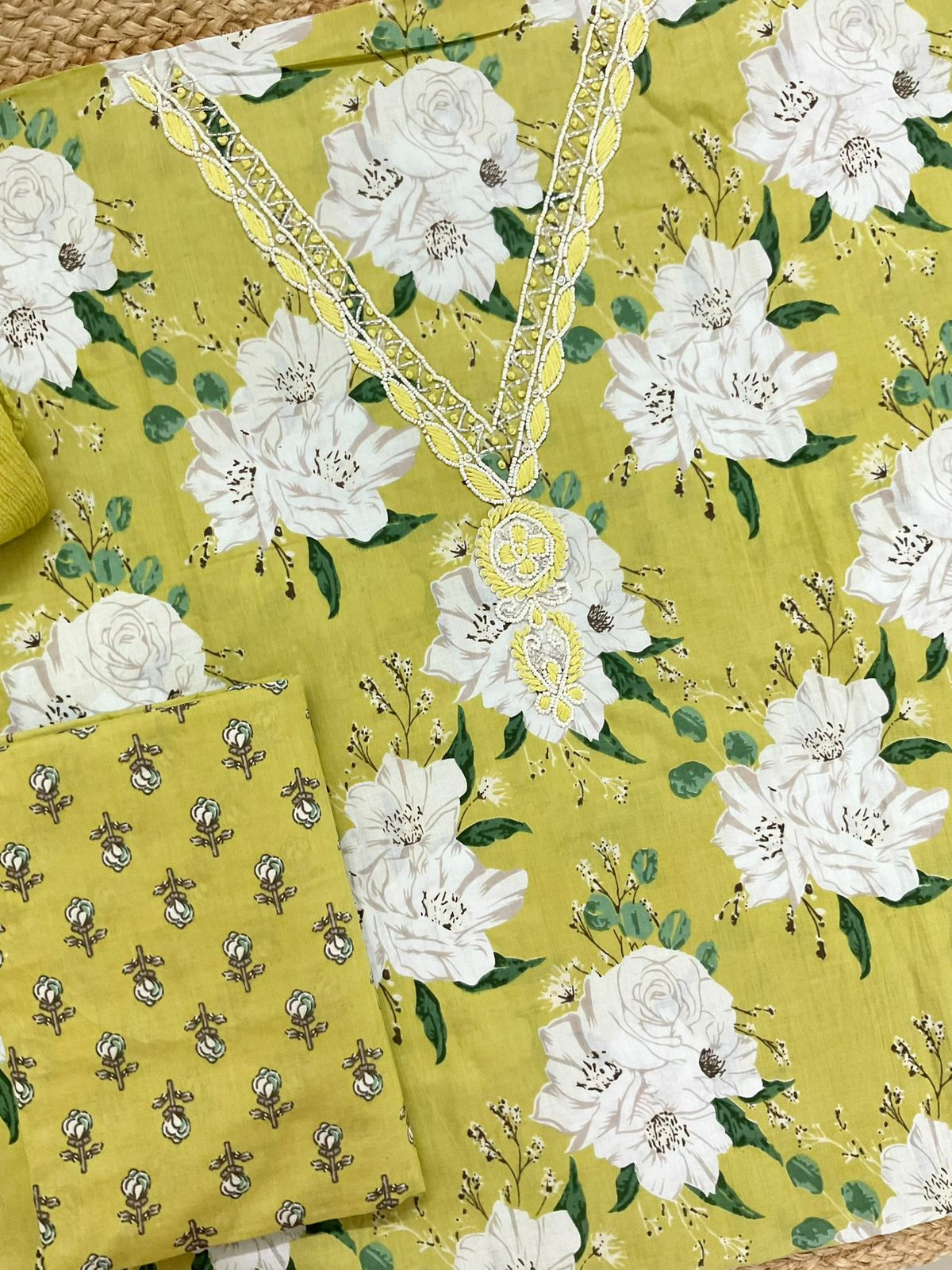 Pure Mul Cotton Printed Embroidered Suit - Green