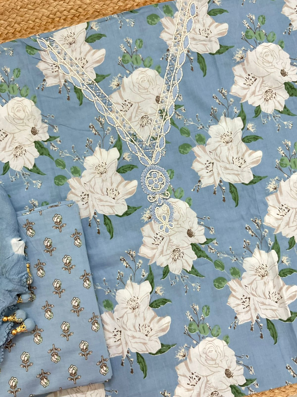 Pure Mul Cotton Printed Embroidered Suit - Blue