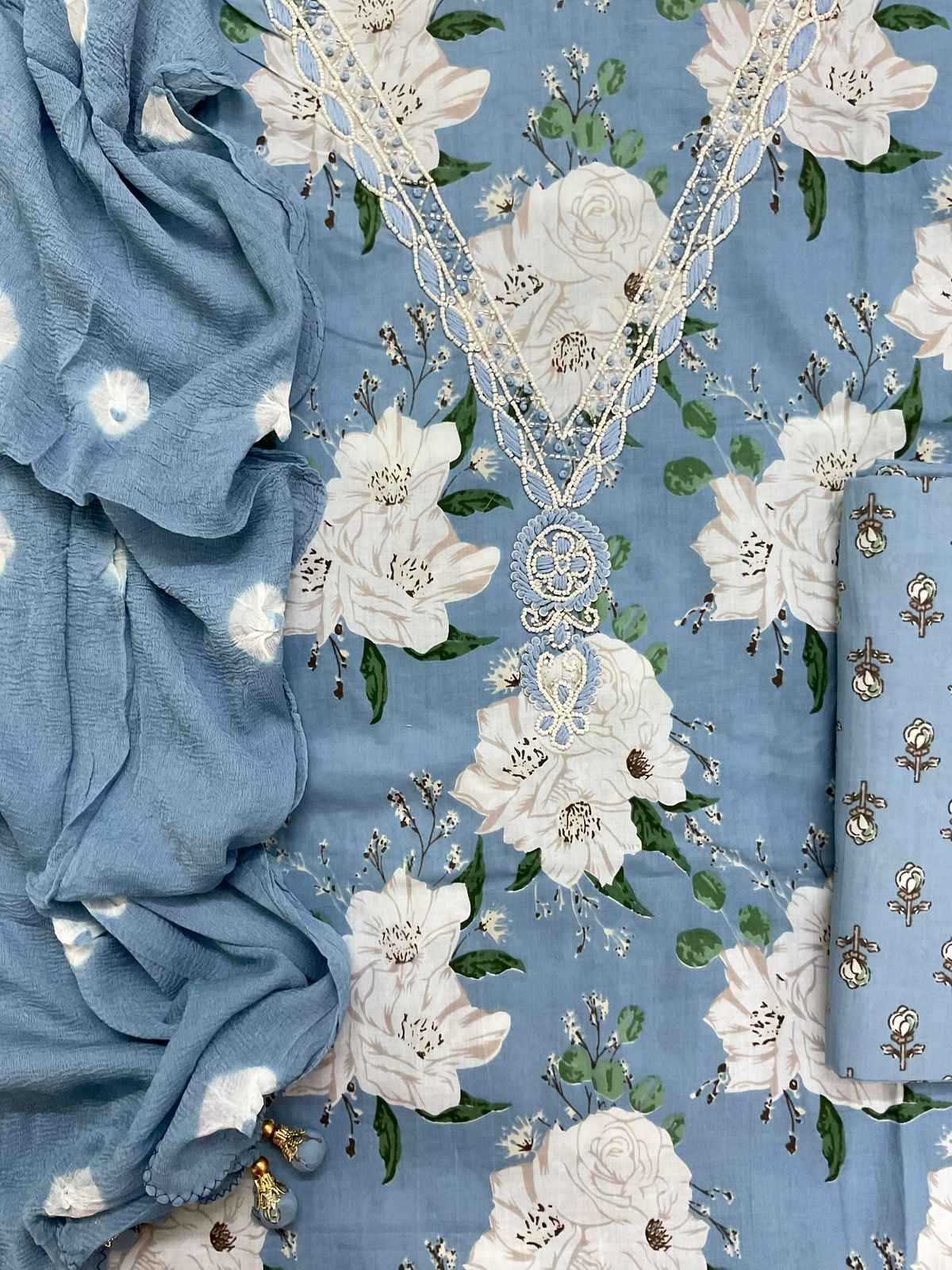 Pure Mul Cotton Printed Embroidered Suit - Blue