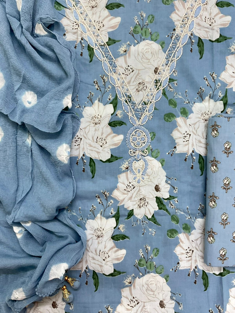 Image of Pure Mul Cotton Printed Embroidered Suit - Blue