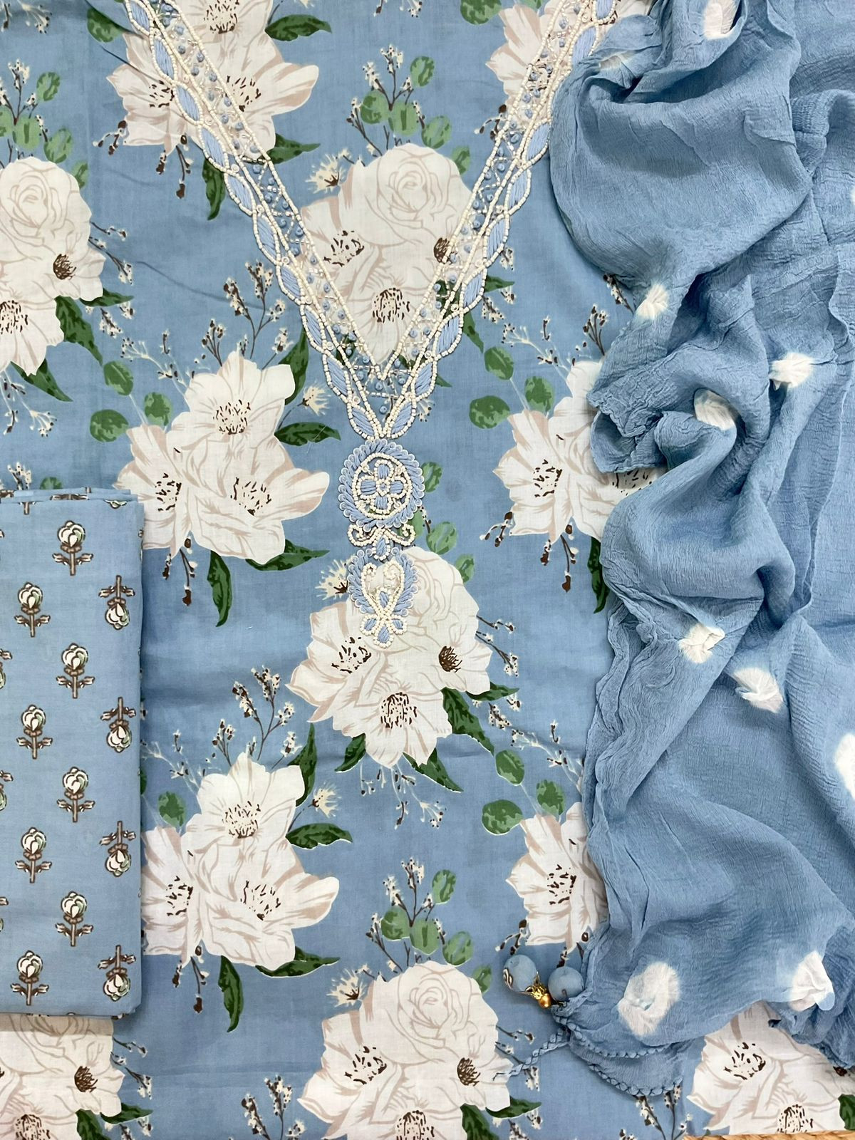 Pure Mul Cotton Printed Embroidered Suit - Blue