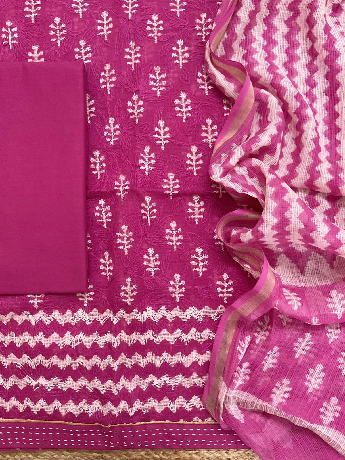Pure Kota Cotton Block Printed Embroidered Suit - Pink