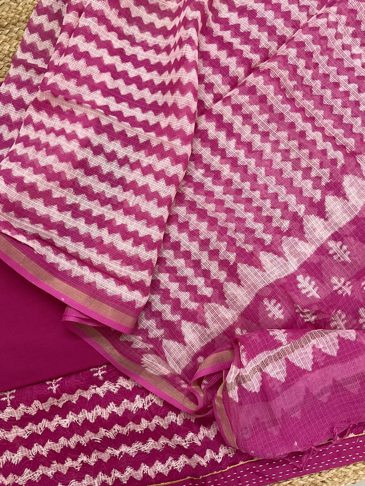 Pure Kota Cotton Block Printed Embroidered Suit - Pink