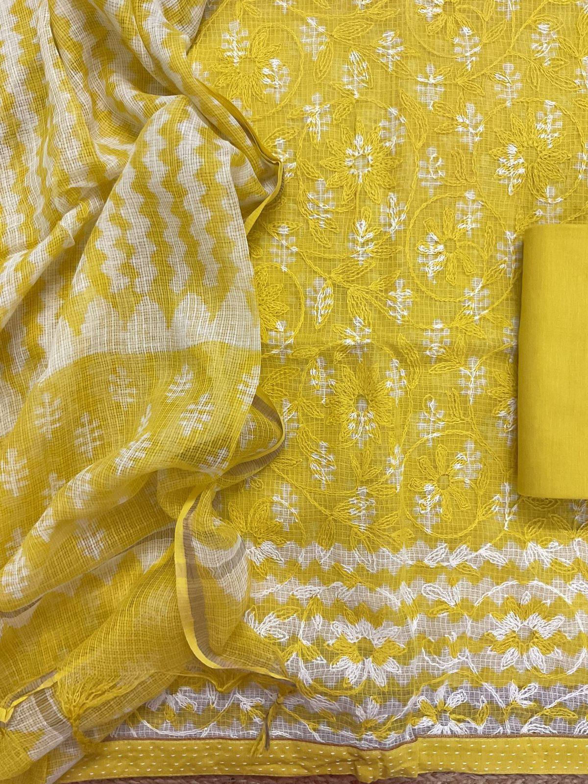 Pure Kota Cotton Block Printed Embroidered Suit - Yellow