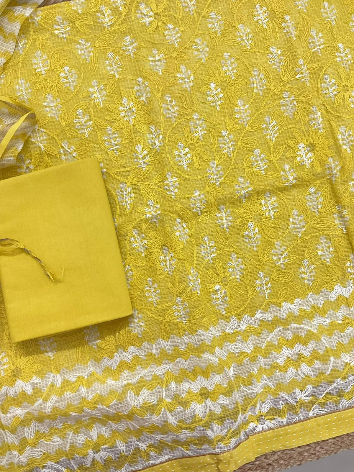 Pure Kota Cotton Block Printed Embroidered Suit - Yellow