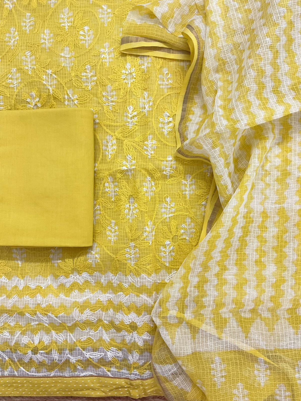 Pure Kota Cotton Block Printed Embroidered Suit - Yellow
