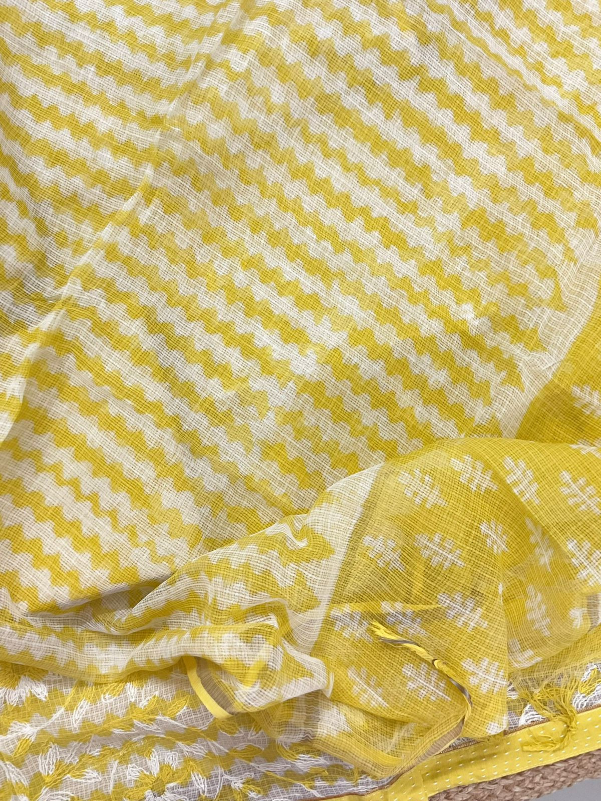 Pure Kota Cotton Block Printed Embroidered Suit - Yellow