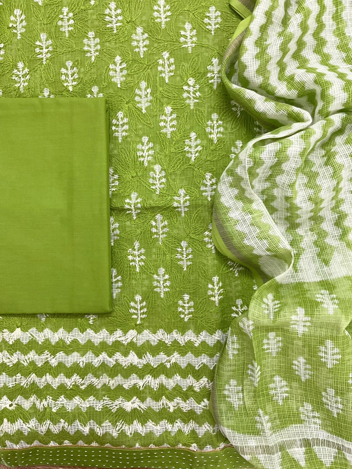 Pure Kota Cotton Block Printed Embroidered Suit - Green