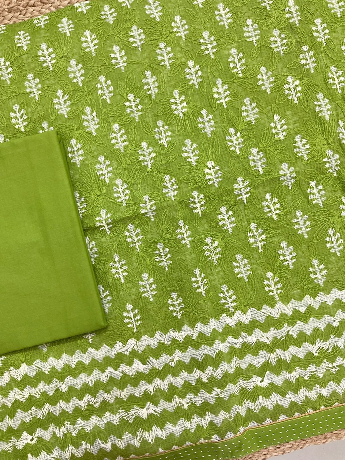 Pure Kota Cotton Block Printed Embroidered Suit - Green